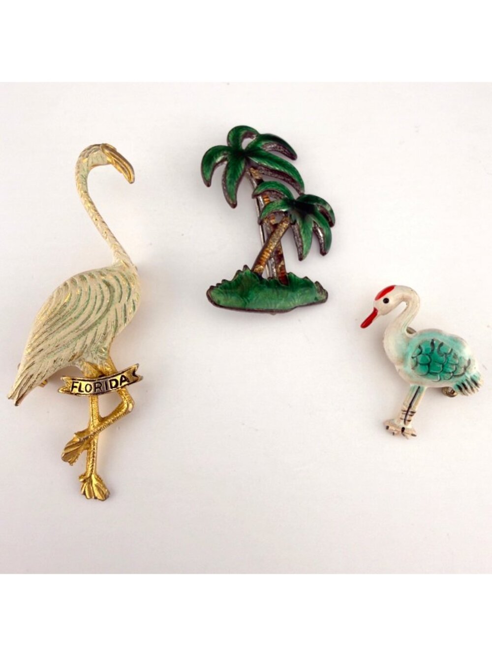 Vintage Enamel Brooch Set Flamingo Palm Tree Crane Pins Retro Florida